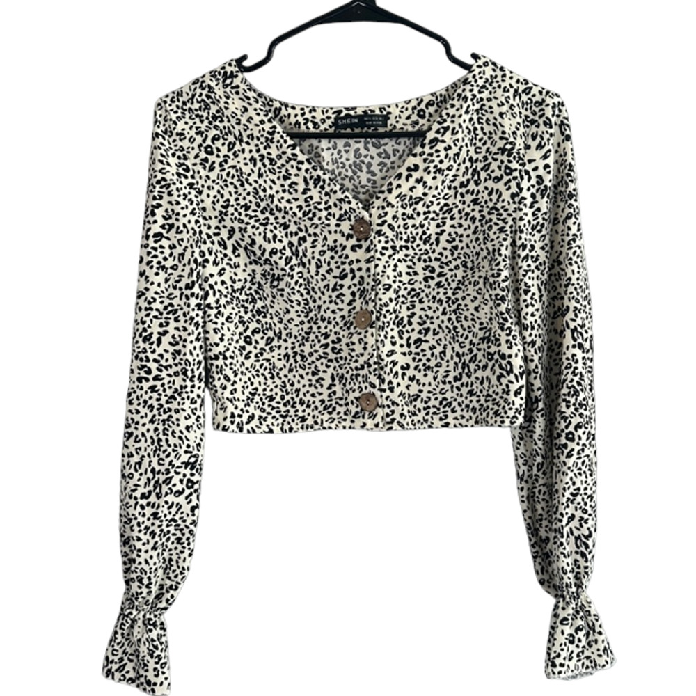 Shein White & Black Cow Print Long Sleeve Button Front Crop Top Women Sz S
